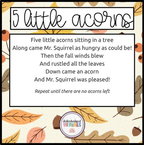 Adapted books are books that are modified to fit a child's specific needs. They usually include visual supports and tactile objects that allow the student to actively participate in the book. This adapted book is about the Fall nursery rhyme, 5 Little Acorns. You can read this nursery rhyme book as a class lesson, during circle time, 1:1 to assess reading, or have it as an independent activity! Students are asked to read the book, then match the picture from the PECs on the side! 5 Little Acorns, Adapted Books Special Education, Fall Nursery, Fall Songs, Circle Time Activities, Rhyming Books, Independent Activities, Visual Supports, Adapted Books