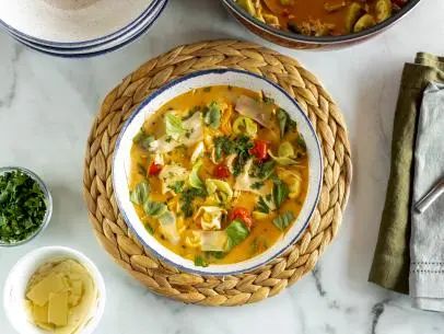 Festive Tortellini Soup Recipe | Ree Drummond | Food Network Festive Tortellini Soup Pioneer Woman, Ree Drummond Tortellini Soup, The Best Tortellini Soup, Pioneer Woman Festive Tortellini Soup, Pioneer Woman Chicken Tortellini Soup, Christmas Tortellini Soup, Pioneer Woman Tortellini Soup, Danish Soup, December Recipes