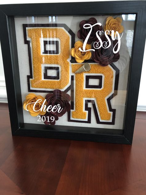 Sports Shadow Box Ideas High Schools, Band Shadow Box Ideas, Cheer Shadow Box Ideas Gifts, Cheer Keepsake Ideas, Varsity Letter Display, Varsity Letter Display Ideas, What To Do With Varsity Letters Ideas, Varsity Letter Shadow Box Ideas, Cheer Shadow Box Ideas