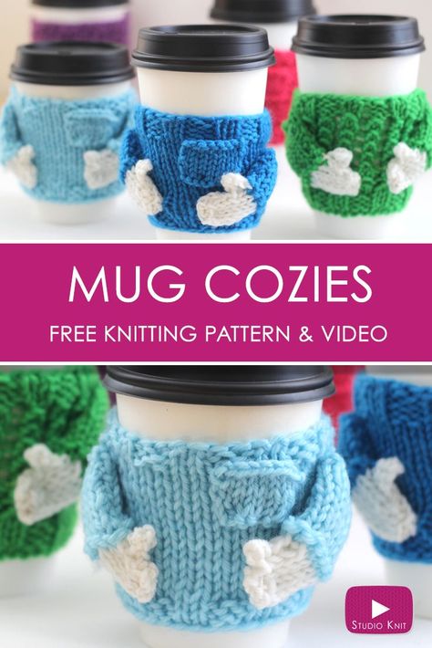 Knitted Coffee Cozy Sweaters: Holiday Gift Idea Knit Coffee Cozy Pattern, Quick Knit Gifts, Cup Sleeve Pattern, Mug Cozies, Knit Coffee Cozy, Knit Gifts, Coffee Cozy Pattern, Cozy Pattern, Studio Knit