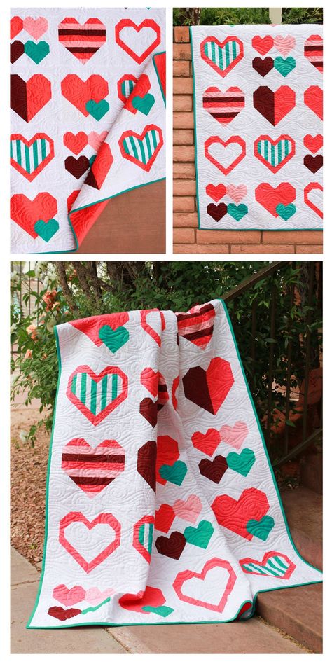 Fall in love with foundation paper piecing with I Love You  by On Williams Street. A modern beginner friendly FPP quilt featuring 6  different heart blocks. Pattern includes layouts for multiple quilt sizes, also  makes great pillows and table runners. #ModernQuilt #ILoveQuilting #Hearts  #HeartQuilt #FPP #BeginnerQuilt #PDFPattern Fpp Quilt, Heart Quilts, Modern Quilt Pattern, Snowman Quilt, Heart Quilt Pattern, Paper Pieced Quilt Patterns, Heart Blocks, Fat Quarter Quilt, Paper Pieced Quilt