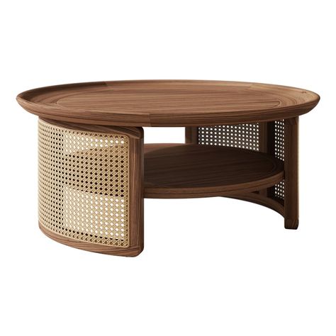 2-Tiered Japandi Round Walnut Wood Coffee Table with Storage Rattan Base Japandi Coffee Table, Storage Rattan, Teak Wood Coffee Table, Wood Coffee Table With Storage, Japandi Furniture, Round Center Table, Center Table Living Room, Loveseat Living Room, Coffee Table Modern