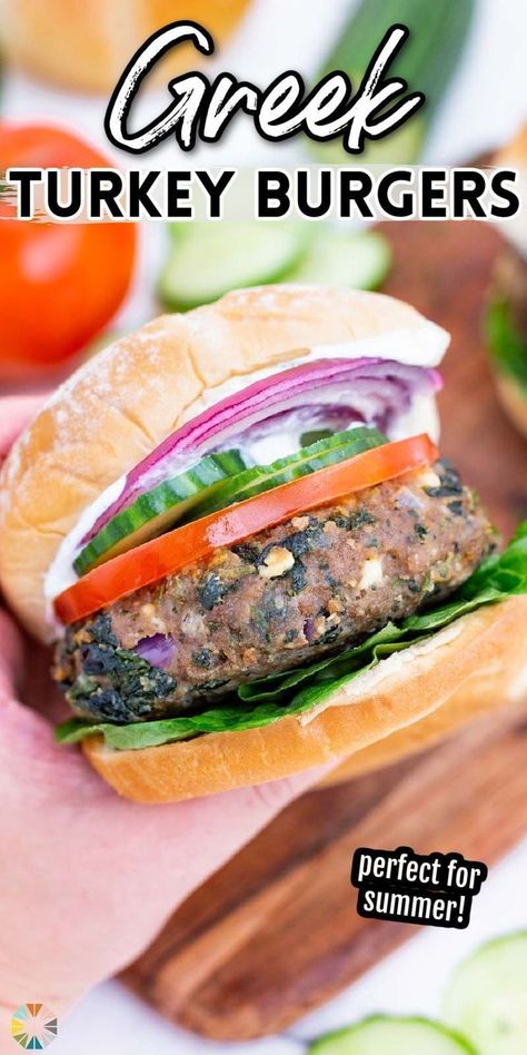 Greek turkey burgers get their delicious flavor from a blend of Mediterranean spices. These turkey burgers are great for lunch or dinner at any time of the year. These burgers are made with ingredients like spinach, onion, feta cheese, cilantro, garlic, and more ingredients. Greek turkey burgers are perfect for any meal this summer. Try this delicious burger recipe today! Greek Cucumber Salad, Delicious Burger Recipes, Greek Burger, Greek Turkey, Turkey Patties, Easy Burger Recipe, Greek Turkey Burgers, Easy Burgers, Mediterranean Spices