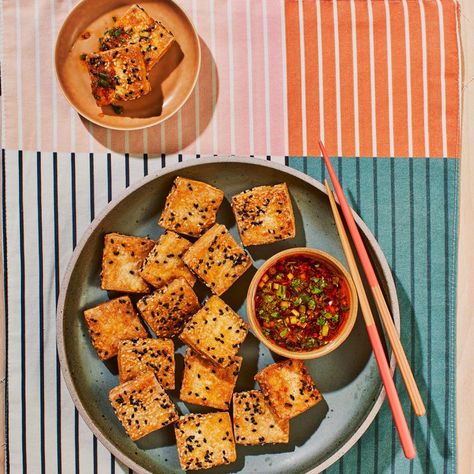 Sesame-Crusted Tofu With Spicy Dipping Sauce Spicy Dipping Sauce Recipes, Sesame Crusted Tofu, Crusted Tofu, Pickled Cauliflower, Spicy Dipping Sauce, Dipping Sauces Recipes, Crispy Tofu, Woks, Chinese Dishes