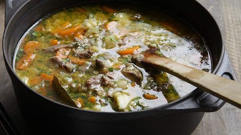 Hearty: Lamb shank and barley soup. Lamb Shank Soup, Savory Scones Recipe, Soups Slow Cooker, Celeriac Soup, Savoury Scones, Surviving Winter, Warm Soup Recipes, Pea And Ham Soup, Lamb Shank