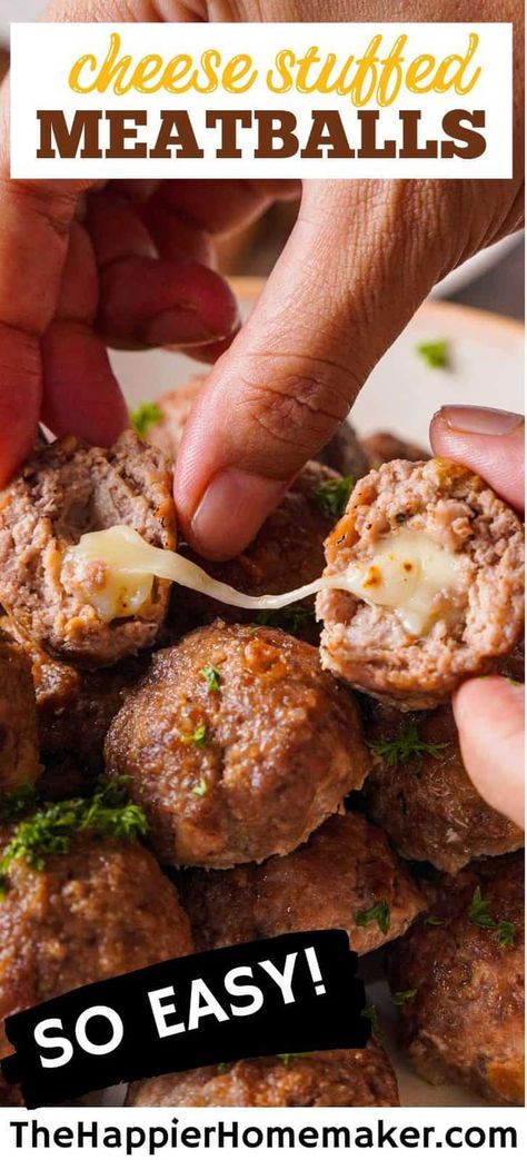 Cheese Stuffed Meatballs Appetizer, Meatball Recipes With Cheese, Gouda Stuffed Meatballs, Meatball With Cheese Inside, Cheeseburger Meatballs Appetizers, Cheesy Meatball Bites, Cheese Meatball Recipes, Mozza Stuffed Meatballs, Cheesy Stuffed Meatball Bites