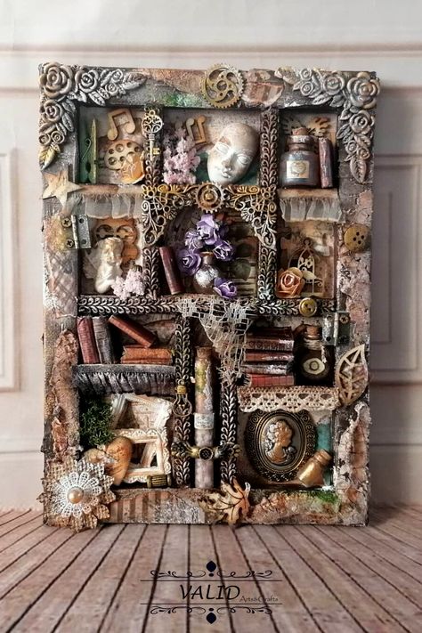 Explore the creative art form of assemblages. Shadow box with a secret. Mixed media technique painting on reverse canvas Assemblage Art Mixed Media, Vintage Mixed Media, Mixed Media Boxes, Mixed Media Art Canvas, Mixed Media Crafts, Steampunk Decor, Box Wall, Shadow Box Art, Found Object Art