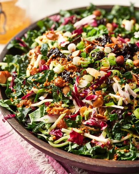 Kale Slaw with Honey-Mustard Almonds and Dried Cherries | Kitchn Kale Slaw, Shredded Brussel Sprouts, Slaw Recipes, Salad Ideas, Lentil Salad, Cabbage Slaw, Dried Cherries, Best Side Dishes, Grilled Shrimp