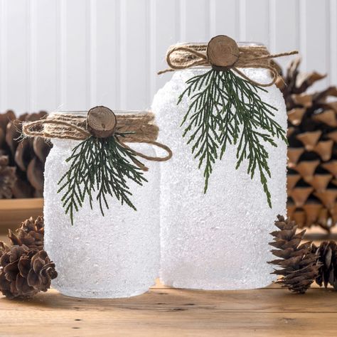 Luminary Diy, Frosted Mason Jars, Mason Jar Luminaries, Holiday Mantel, Winter And Christmas, Faux Snow, Led Tea Lights, Cottage Christmas, Christmas Mason Jars