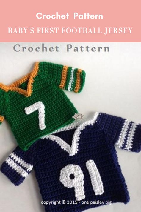 Baby's First Football Jersey Crochet Pattern #crochetbabyjersey #babyjerseycrochetpattern #crochetarcade #crochet #crochetpattern #diy #crafts #crochetarcadepattern #childrencrochet #crochetchildren #babycrochet #crochetbaby #babyclothingcrochetpattern #crochetbabycloth #girlcrochethatpattern #childrenhatcrochetpattern #crochethat Affiliate Link Crochet Baby Football, Baby Football Outfit, Football Crochet, Crochet Football, Baby Football, Football Outfit, Crochet Pot, Jersey Pattern, Football Baby