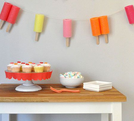 popsicle garland Pool Noodle Popsicle, Pool Noodle Garland, Pool Cupcakes, Popsicle Garland, Stall Decorations, Garland Craft, Engagement Party Diy, Popsicle Party, Unique Party Ideas