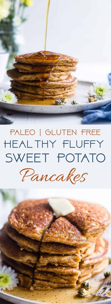 Gluten Free Paleo Sweet Potato Pancakes - SO fluffy and tender that you won't believe they're made without butter or oil! Perfect for a healthy breakfast and freezes great for busy mornings! | #Foodfaithfitness | #Glutenfree #Paleo #Healthy #Dairyfree #Pancakes Paleo Sweet Potato Pancakes, Low Carb Vegan Breakfast, Breakfast Sweet Potato, Sweet Potato Pancakes, Keto Vegan, Sweet Potato Breakfast, A Healthy Breakfast, Gluten Free Pancakes, Potato Pancakes