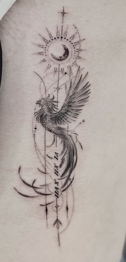 Phoenix Chakra Tattoo, Geometric Phoenix Tattoo Feminine, Phoenix With Moon Tattoo, Sun Goddess Tattoo Designs, Moon And Pheonix Tattoo, Phoenix With Sun Tattoo, Phönix Tattoo For Men, Phoenix And Compass Tattoo, Phoenix Arrow Tattoo