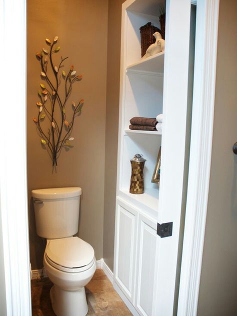 Love toilet behind pocket door  cabinet hidden Half Bathroom Storage Ideas, Bathroom Closet Designs, Bathroom Closet Remodel, Bathroom Closet Storage, Toilet Closet, Bathroom Closet, Toilet Room, Closet Remodel, Water Closet