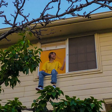 Looking Off Into The Distance Drawing, Climbing Out Of Window Reference, Person Sitting On Window Sill, Sitting In Window Pose, Sneaking Through Window Aesthetic, Person Looking Out Window Reference, Sitting On Window Sill, Sitting On Roof, Rooftop Pics