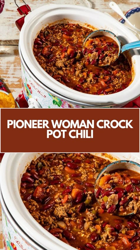 This easy Pioneer Woman Crock Pot Chili is the perfect comforting meal for busy days. It’s a simple, flavorful dish made with ground beef, beans, and smoky chipotle, cooked low and slow for maximum taste. Customize it with your favorite toppings like cheese, sour cream, and jalapeños for a hot, hearty bowl of goodness! Pioneer Woman Slow Cooker Chili, Crockpot Chili Pioneer Woman, Pioneer Woman Recipes Chili, Crock Pot Texas Chili, Crock Pot Recipe With Ground Beef, Pioneer Woman Chilli, Crockpot Dishes Slow Cooker, Easy Slow Cooker Recipes 4 Ingredients, Chili Beans Recipe Crock Pot