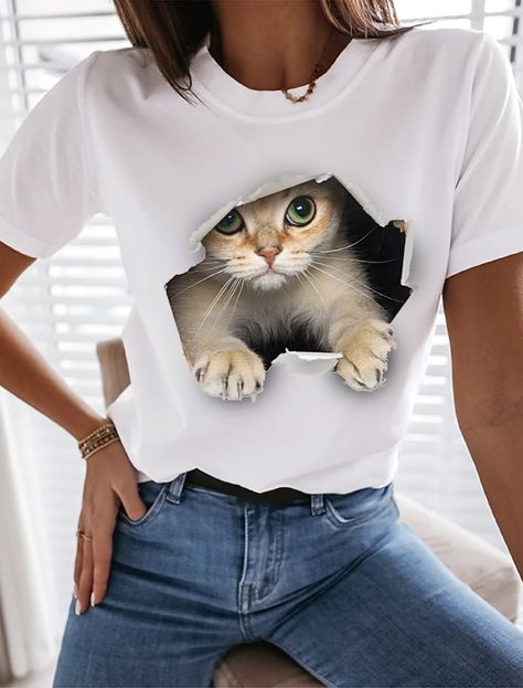 Women's 3D Cat T shirt Cat Graphic 3D Print Round Neck Tops 100% Cotton Basic Basic Top White Black 8521634 2021 – $9.89 Kristina Webb, Animal Print T Shirts, Fashion Funny, Cat Graphic Tee, Short Sleeve Shirt Women, Funny Tee Shirts, Cat Graphic, Sleeve Fashion, Womens Tops Summer