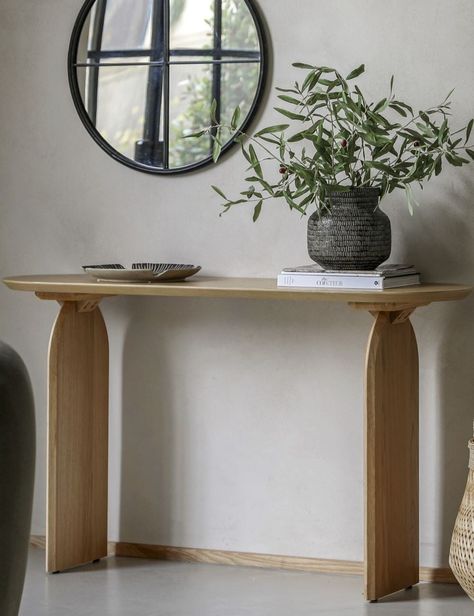 With a nod towards retro style but in a more modern format, this stunning console table features a lovely elegant top with rounded ends, with this form echoed on the tops of the legs. It is made using oak veneers and solids, where practical, with a natural matt finish. Matching pieces available. Large Console Table, Large Hallway, Hallway Console, Console Table Hallway, Wooden Console Table, Wooden Console, Geometric Inspiration, Set Of Drawers, Oak Veneer