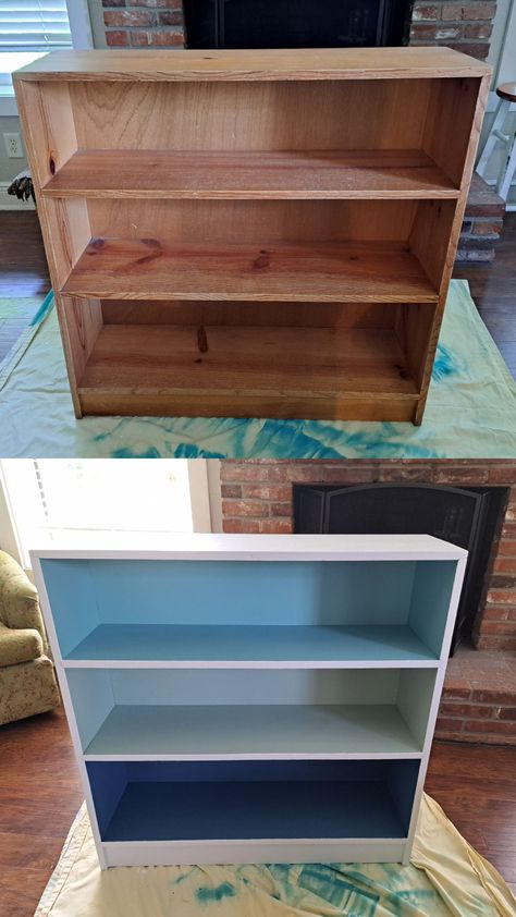 Diy baby kids children's bedroom bookcase shelf paint makeover Bookshelf Painted Inside, Pine Bookcase Upcycle, Basic Bookshelf Makeover, Upcycle Old Bookshelf, Dyi Bracketed White Book Shelves, Bookcase Redo, Bedroom Bookcase, Bookshelf Makeover, Painting Bookcase