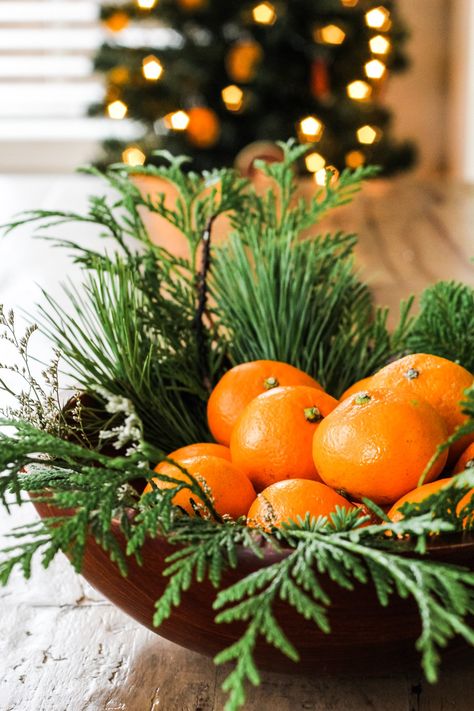 a close up of a wooden bowl filled with evergreens and oranges Christmas Greenery Arrangements, Orange Christmas Decor, Orange Centerpieces, Holiday Fruit, Fruit Centerpieces, No Spend, Southern Christmas, Christmas Bowl, Orange Christmas