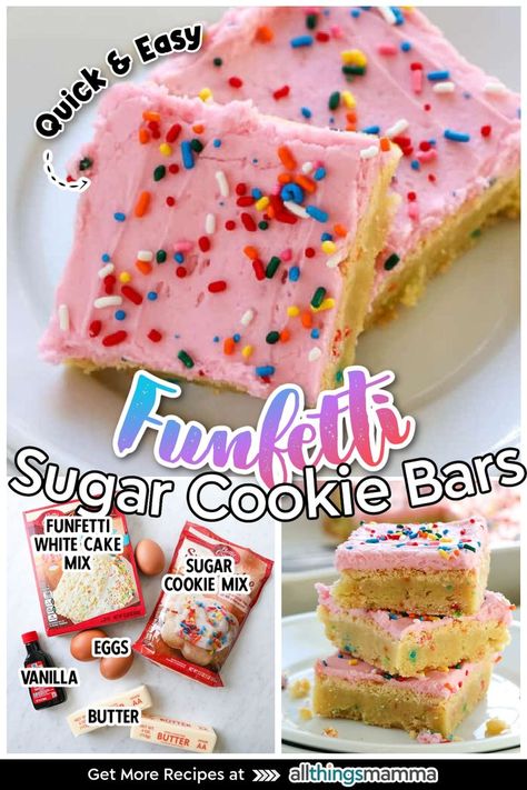 Funfetti Sugar Cookie Bars cut into squares and served on a white plate. ingredients to make Funfetti Sugar Cookie Bars. stack of three Funfetti Sugar Cookie Bars on a white plate. Funfetti Sugar Cookie Bars, Easy Cake Mix Bars, Betty Crocker Sugar Cookie Bars, Easy Sugar Cookie Bars Cake Mixes, Cake Box Sugar Cookies, Desserts With Frosting, Fruity Pebbles Cookies Cake Mixes, Sugar Cookie Cake Mix Recipe, Easy Spring Desserts Simple