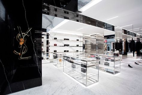 » Saint Laurent store by Anthony Vaccarello, Oslo – Norway Saint Laurent Store, Luxury Safe, French Luxury Brands, Retail Store Display, Showroom Interior Design, French Luxury, Showroom Design, Black And White Marble, Oslo Norway