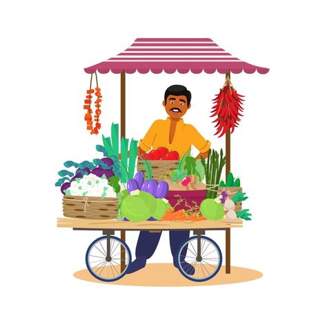 Asian merchant selling vegetables from cart. Indian character. Isolated on white. Flat cartoon vector. Indian Character, Space Graphics, Cuadros Diy, White Flat, Simple Girl, Retail Space, Free Vector Art, Photo Illustration, Nicaragua