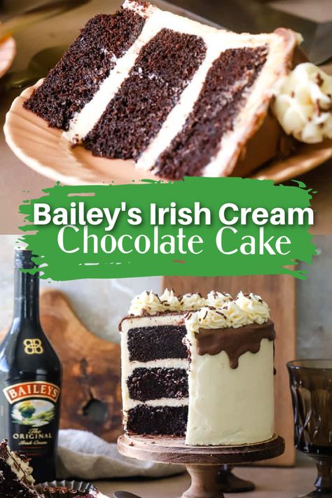 This from scratch Baileys Irish Cream Chocolate Layer Cake recipe is so moist and flavorful! It starts with a rich chocolate cake then is coated with a decadent Bailey's Irish Cream buttercream frosting. Irish Cream Chocolate Cake, Baileys Irish Cream Cake, Cream Chocolate Cake, Irish Cream Cake, Baileys Cake, Irish Cream Recipe, Chocolate Baileys, Irish Desserts, Baileys Recipes