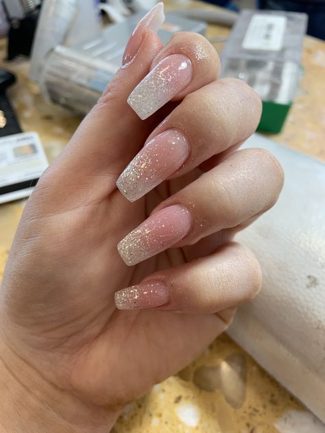 Blush Pink Acrylic Nails Glitter, Pink And White Ombre With Glitter, Formal Nails For Pink Dress, Pink Sparkly Ombre Nails, Light Pink Homecoming Nails, Glitter Ombre Nails Square, Sparkly Ombre Nails, Md Nails, Glitter Gradient Nails