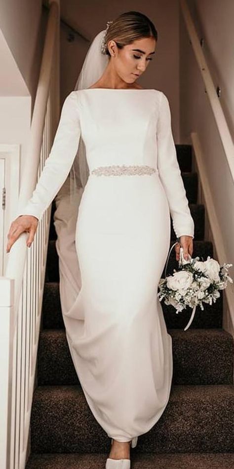 modest wedding dresses sheath with long sleeves simple elegant beaded belt mikaella bridal Winter Wedding Dress With Cape, 3/4 Sleeve Wedding Dress, Weddind Dress, Elegant Long Sleeve Wedding Dresses, Meghan Markle Wedding Dress, Mikaella Bridal, Bride Ideas, Meghan Markle Wedding, Givenchy Couture