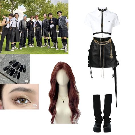 Stray Kids Makeup Inspired, Skz 9th Member Outfits Girl, Skz 9th Member, Skz Outfits, Black Cargo Pants Outfit, Skz Concert, Kpop Shifting, Stray Kids Outfits, Pop Fanart