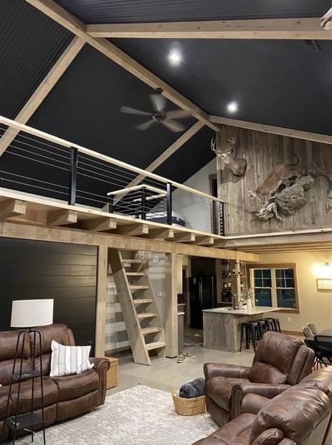 Shop House Decor, Hunting Barndominium, Steel Building Homes Interior, Bardominum Ideas Inside, Barndominium Loft Ideas, Small Shop House Plans, Unique House Ideas, Shop Loft Ideas, Pole Barn Interior Ideas