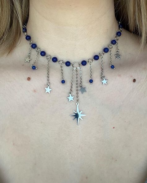 ‘Midnight Sky’ Necklace ⭐️ made with blue stone beads, and complete stainless steel materials 35cm + 6cm extension chain available on my etsy, link in bio #explorepage #jewelry #stars #necklace Midnights Jewelry, Space Jewelry Diy, Simple Beaded Necklace Ideas, Blue Star Necklace, Chain Bead Necklace, Neckles Ideas, How To Make A Necklace With Beads, Necklace Ideas Beads, Midnight Jewelry