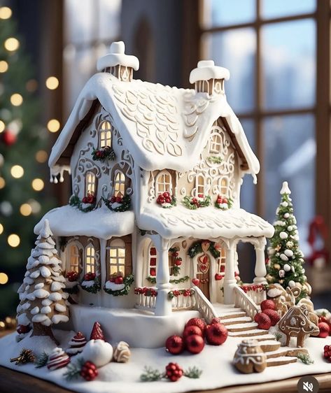 White Gingerbread House, White Gingerbread, Cardboard Gingerbread House, Gingerbread House Ideas, Christmas Stairs Decorations, Gingerbread House Designs, Gingerbread Christmas Decor, Gingerbread Village, Gingerbread House Decorations