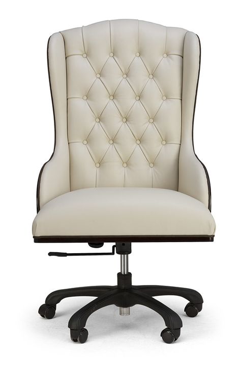 This gorgeous high backed wing chair will have you doing your homework in style. I know I just adore the classic tufting and neutral colour. Library Den, Wooden Office Chair, Revolving Chair, Cubicle Makeover, Chair Classic, Velvet Wingback Chair, Christopher Guy, Office Chair Without Wheels, Traditional Office