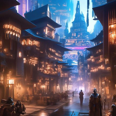 Cyberpunk City Fantasy Art, Fantasy Technology City, Urban Fantasy City Modern, Cyberpunk Kingdom, High Fantasy City Concept Art, Medieval Cyberpunk City, Fantasy Night City, Fantasy Cyberpunk City, Futuristic Medieval City