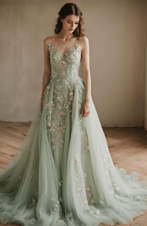 pale green wedding dress with floral design. colored wedding dresses. unique wedding dress Light Green Summer Wedding Dress, Green Velvet Wedding Dress Long Sleeve, Frontier Wedding Dress, Colored Wedding Dresses Green, Two Color Wedding Dress, Greenery Wedding Dress, White Wedding Dress Green Accents, Wedding Gown Cottagecore, Wedding Dress Different Colors