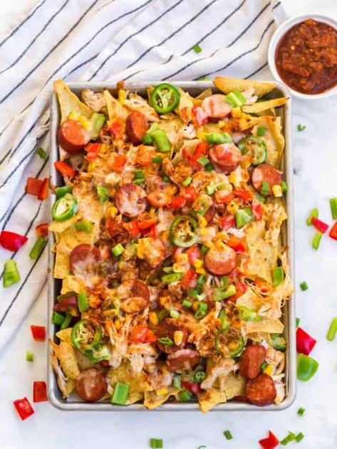 Cajun Nachos, Nachos Party, Shredded Chicken Nachos, Party Food Favorites, Chicken Andouille Sausage, Crowd Pleasers Recipes, Nacho Party, Cajun Sausage, Sausage Peppers