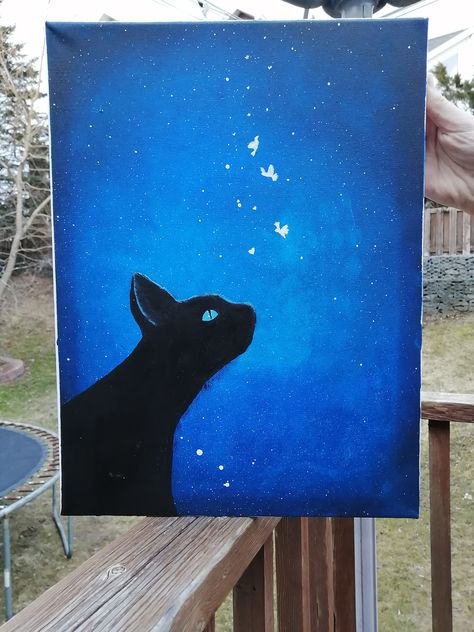 Blue Art Painting, Animal Canvas Paintings, Sky Lights, Cat Night, April Art, Black Canvas Paintings, Starry Night Painting, Night Sky Painting, Wolf Painting