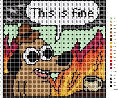 This Is Fine Pixel Art, This Is Fine Cross Stitch, Cross Stitch On Black Fabric, Simple Cross Stitch Pattern, Alpha Patterns Cross Stitch, Nerdy Cross Stitch Patterns, Crosstich Patterns Free, Cross Stitch Art Pattern, This Is Fine Dog