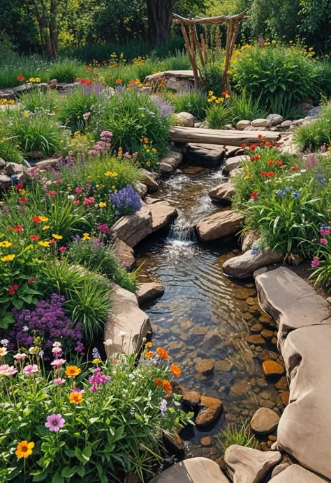 Backyard Stream, Garden Stream, Garden Ponds, Waterfalls Backyard, Pond Ideas, Pond Design, Back Yard Ideas, Garden Inspo, Dry Creek