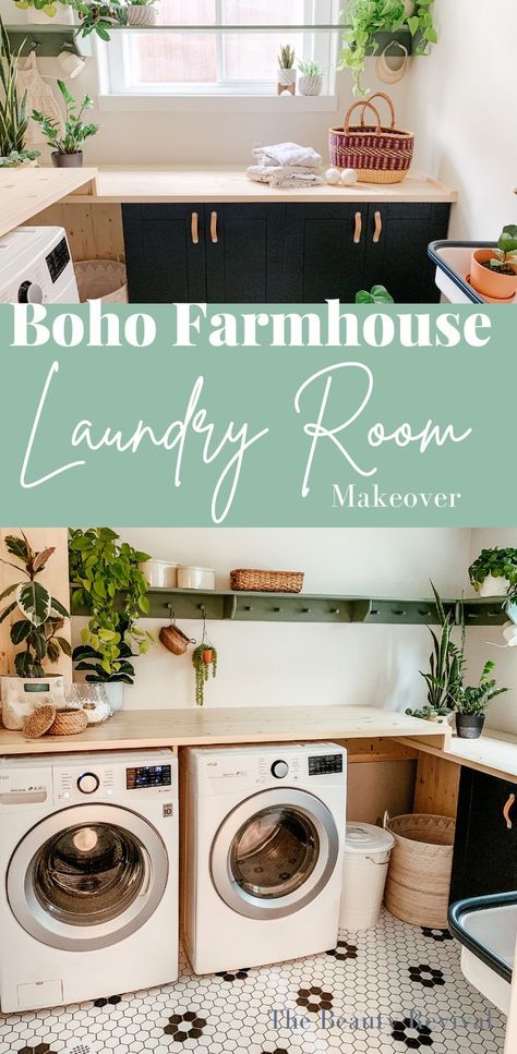 Boho farmhouse laundry room makeover. My sister Krista hired Jade to do a Laundry Room Reno when their hot water tank burst in the beginning of the year. Here are all the details of her beautiful boho laundry room! Laundry Room Boho Ideas, Boho Mud Room, Bohemian Laundry Room, Boho Laundry Room, Boho Laundry, Laundry Room Paint Color, Stacked Laundry Room, White Laundry Rooms, Laundry Room Ideas Small Space