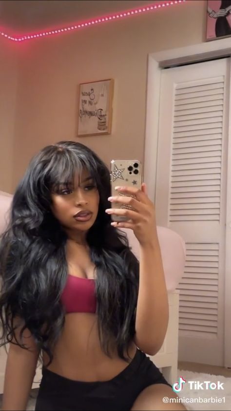 Wig Hairstyles Bangs, Leave Out With Bangs, Fringe Bangs With Layers Black Women, Wispy Bangs Wig Black Women, Curtain Bangs With Layers Wig, Full Fringe Long Hair, Curly Fringe Wig Black Women, Half Up Half Down Hair With Bangs, Fringe Bangs Wig Black Women