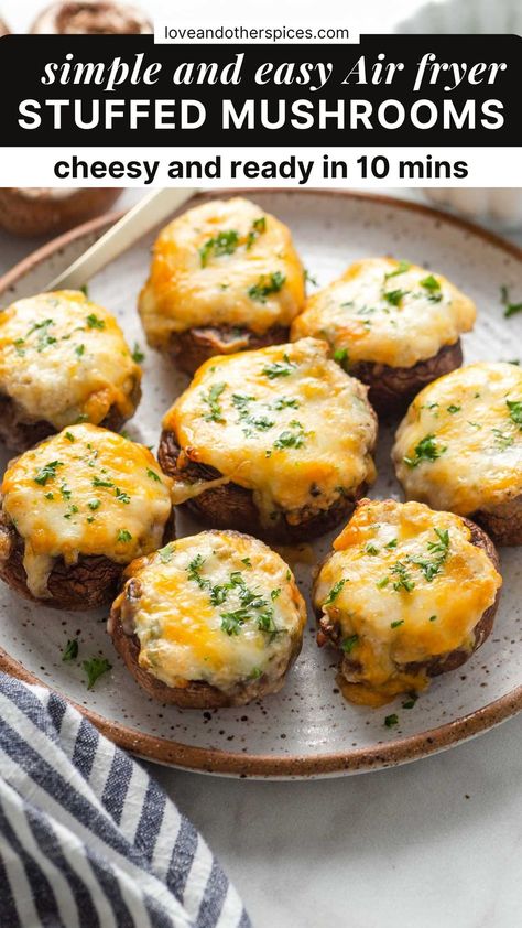 Stuffed Mushrooms With Cream Cheese Air Fryer, Air Fryer Stuffed Mushrooms Recipe, Cream Cheese Stuffed Mushrooms Easy, Stuffed Mushrooms Cheese, Easy Appetizers For A Party Air Fryer, Cream Cheese Mushrooms Stuffed, Mozzarella Stuffed Mushrooms, Stuffed Mushroom Recipes Cream Cheese, Airfryer Stuffed Mushrooms