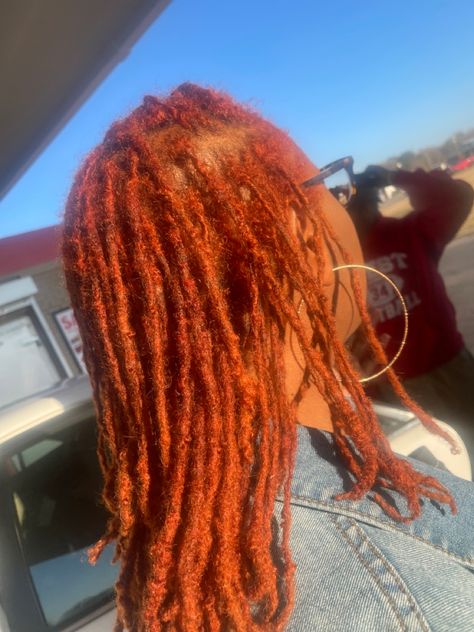 Green Soft Locs, Dyed Natural Hair For Black Women Dark Skin, Ginger Red Locs Black Women, Ginger Colored Locs Black Women, Auburn Dreadlocks Black Women, Burgundy And Burnt Orange Locs, Soft Locs Black Women, Reddish Brown Locs Black Women, Copper Locs Black Women