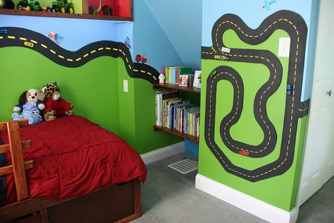 Corner of transportation room with magnetic race track with matchbox cars that we glued magnets to.  Perfect boys room! | Flickr - Photo Sharing! Magnetic Paint, Transportation Room, Cars Room, Matchbox Cars, Toddler Bedrooms, Green Theme, Boy Bedroom, Toy Rooms, Big Boy Room