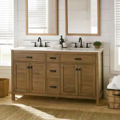 Stanhope 61 in. W x 22 in. D Vanity in Reclaimed Oak with Engineered Stone Vanity Top in Crystal White with White Sink Wood Vanity Bathroom Ideas, Cabin Vanity, Rustic Master Bath, Wood Double Vanity, Natural Wood Bathroom Vanity, Monochromatic Interior Design, Wooden Bathroom Vanity, Almond Latte, Stone Vanity Top