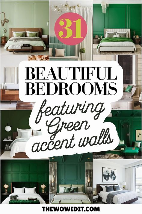 31 Stunning Green Accent Wall Ideas to Refresh Your Bedroom Emerald Wall Bedroom, Bedroom With Dark Green Accent Wall, Bedroom Accent Wall Green, Accent Bedroom Wall Ideas, Green Accent Bedroom, Accent Bedroom Wall, Cream Colored Bed, Green Accent Wall, Bedroom Wall Ideas