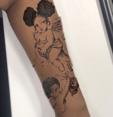 Eternal Happiness Tattoo, Black Cherub Tattoo, Black Angels Tattoo, Afro Tattoo Ink Black Women, Afro Fairy Tattoo, Afrocentric Tattoos For Women, Black Woman Tattoo, Afro Tattoo Ideas, Black Culture Tattoos