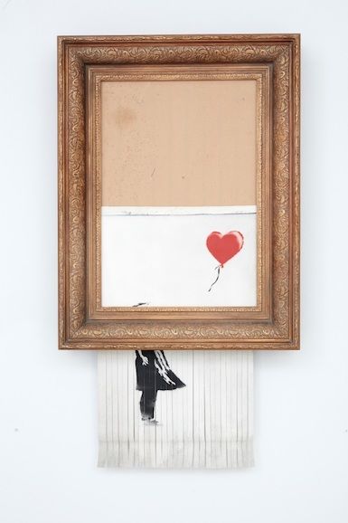 Sotheby’s: Self-Destructing Banksy Piece Officially Sold, Is Now a ‘Newly Completed Work’ – ARTnews.com Banksy Artwork, Banksy Paintings, Street Art Banksy, Its A Girl Balloons, Banksy Graffiti, Banksy Art, Banksy Canvas, Graffiti Artist, Street Artists